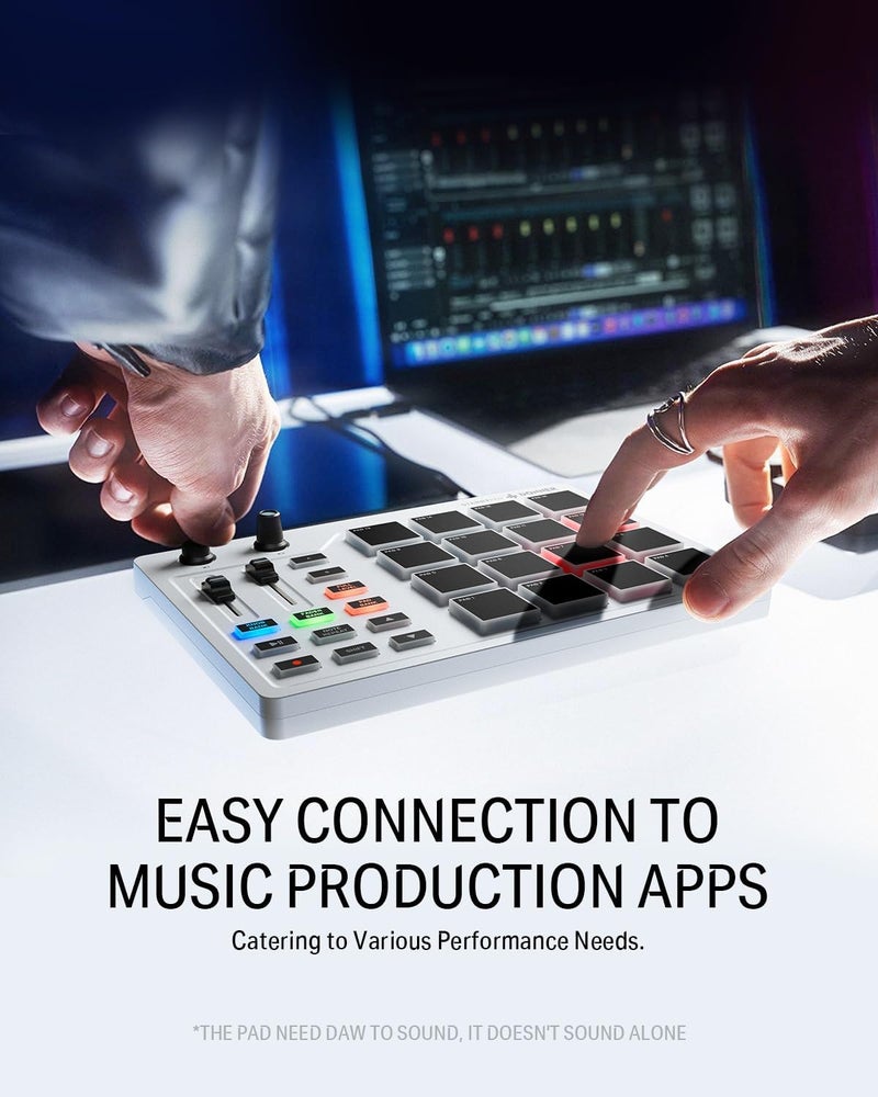 Donner آلة صنع الإيقاع MIDI Pad Beat Maker Professional، آلة الطبول مع 16 لوحة إيقاع، 2 فادر وقبضات قابلة للتخصيص وبرنامج إنتاج الموسيقى، وحدة تحكم USB MIDI مع 40 دورة، STARRYPAD أبيض - Image 5